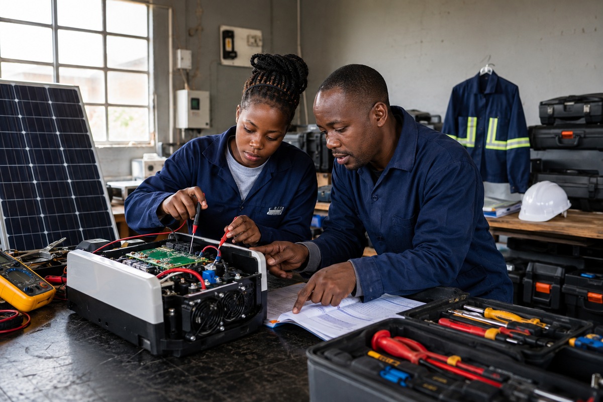 Young woman testing a solar inverter with her mentor during vocational preparation