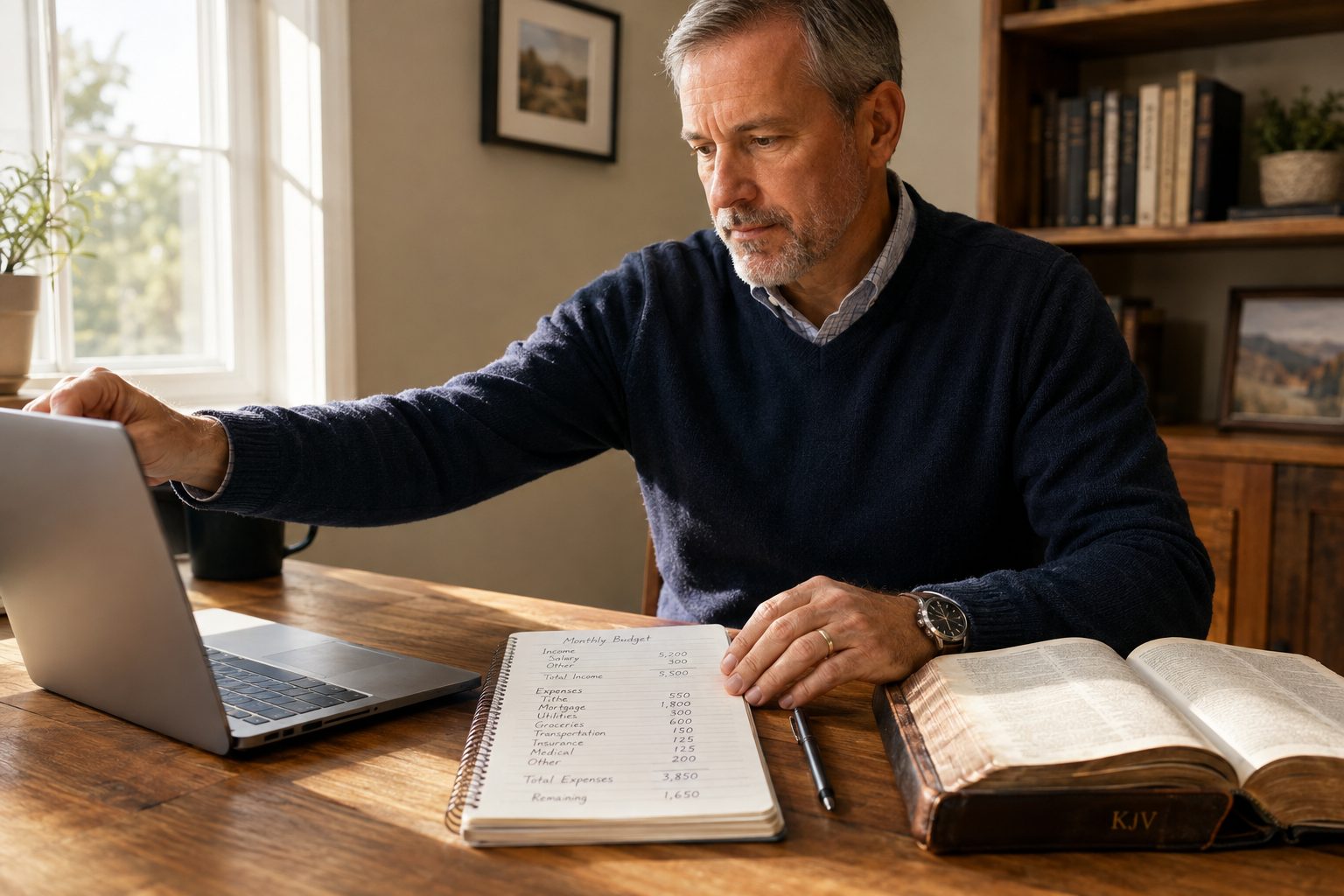 A believer sitting at a desk planning finances with an open KJV Bible