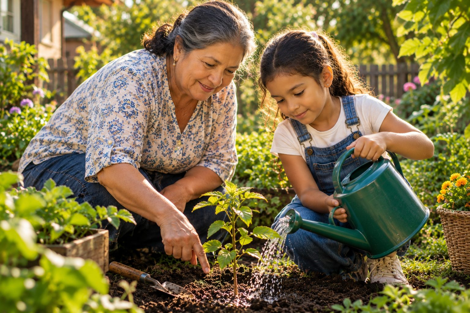 a grandmother teaching her granddaughter about growth and patience