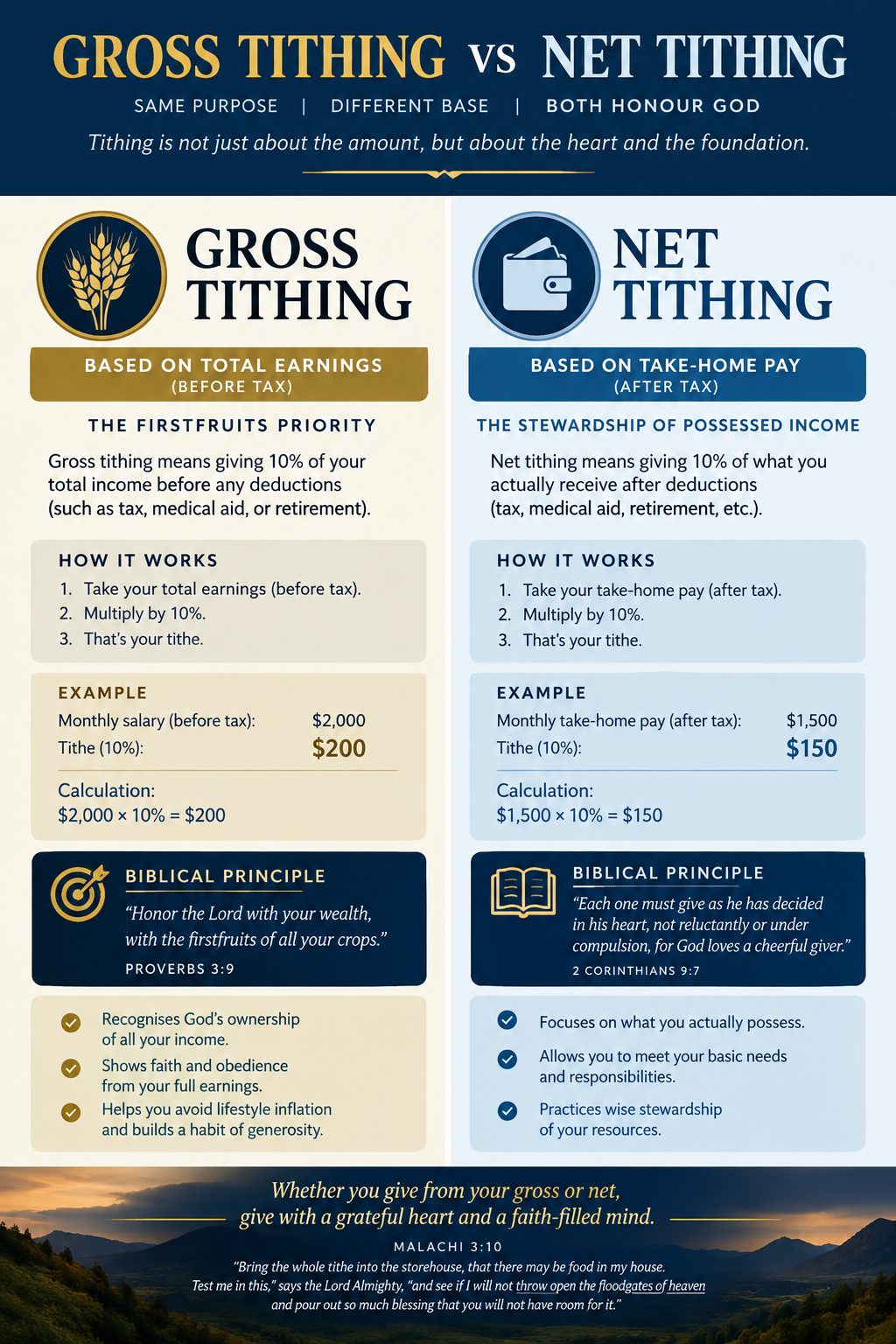 Infographic comparing gross vs net tithing calculations and biblical principles