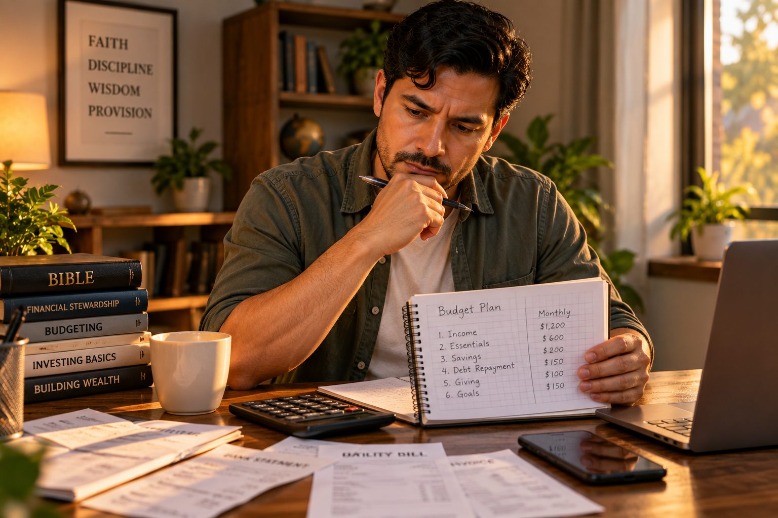 hispanic man reviewing christian budget and financial plan