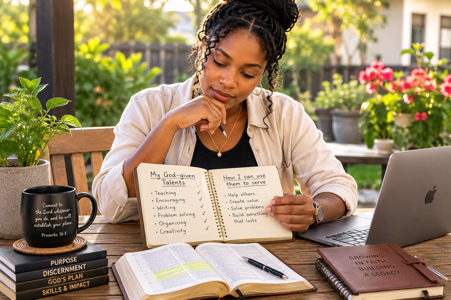 A fictional Black African woman studying Scripture and replacing a destructive money habit with a disciplined plan.