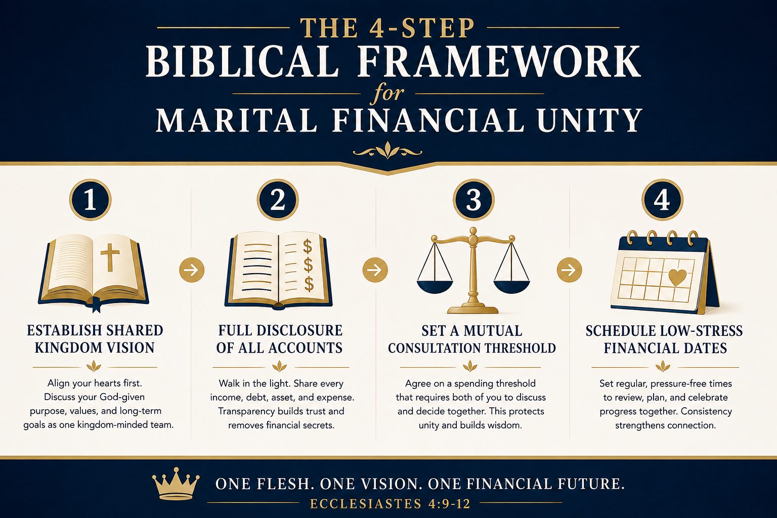 Infographic showing the four steps to biblical financial unity in marriage