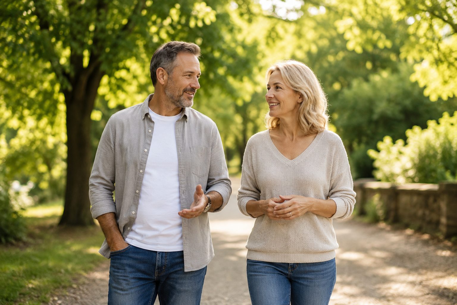 Mature European couple walking and talking peacefully in a sunny park