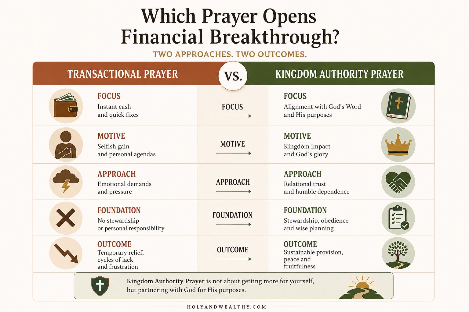 Infographic comparing transactional prayer with Kingdom authority prayer for finances