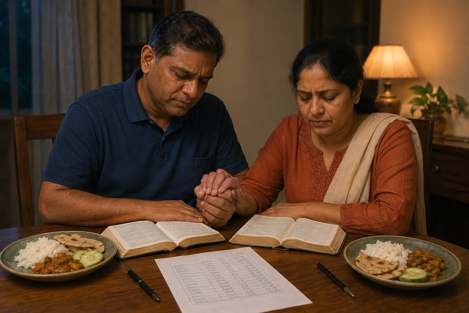 Husband and wife praying together in Jesus name for financial deliverance and guidance