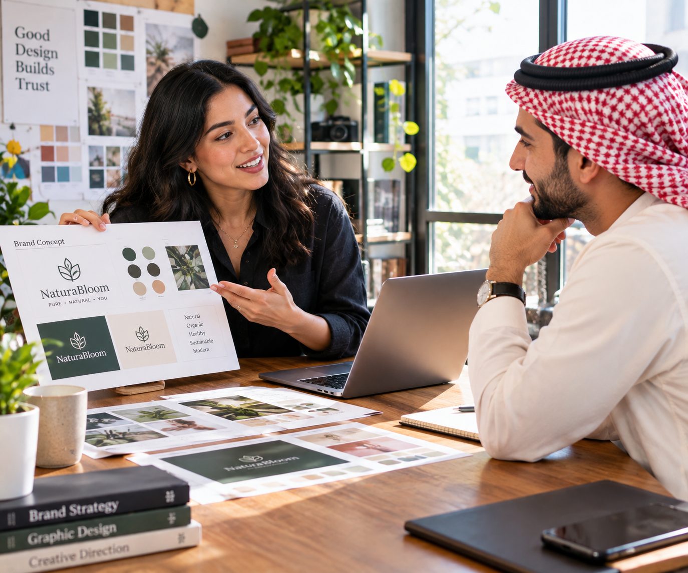 Graphic designer presenting branding concepts to a client in a modern studio