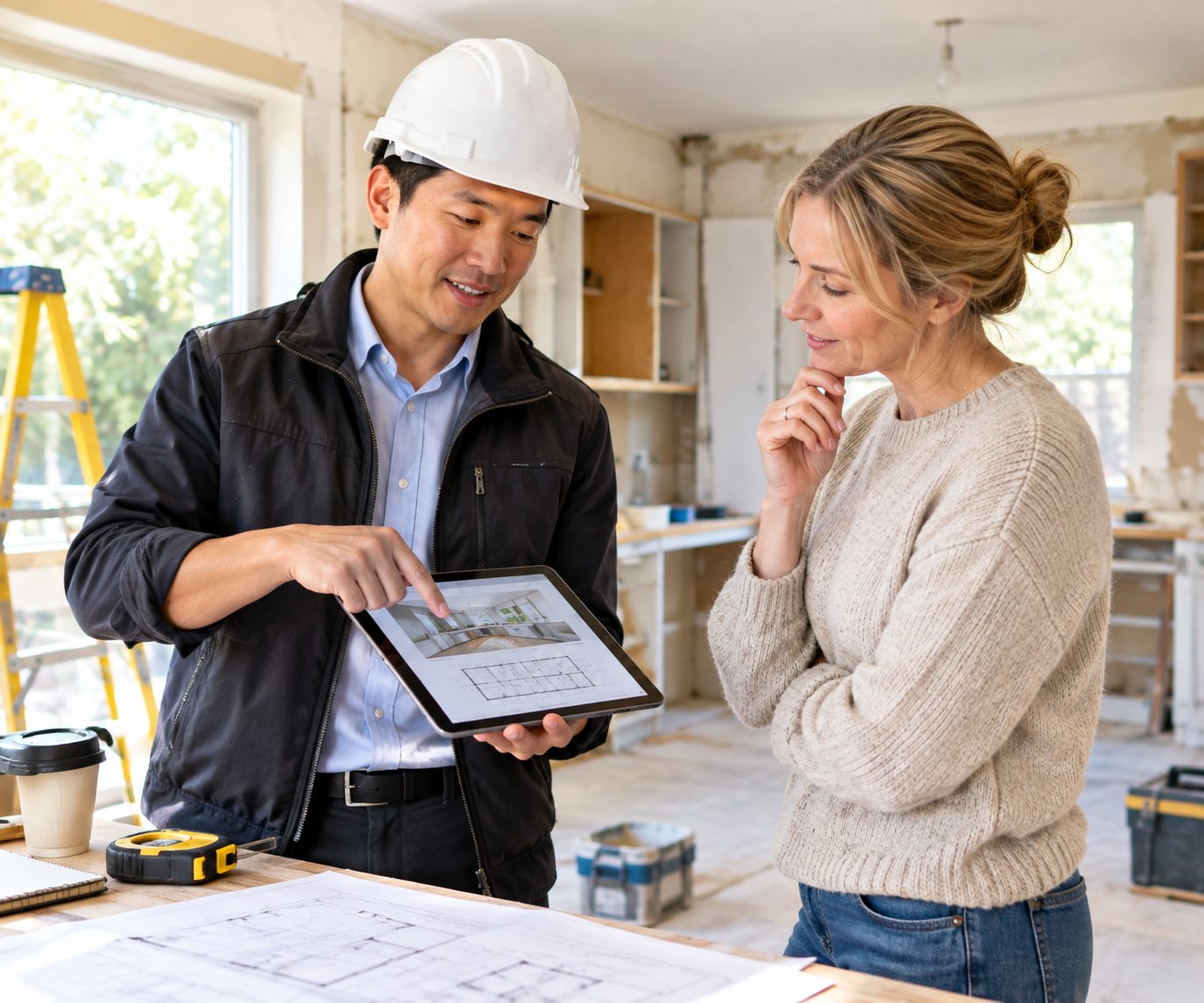 Professional contractor discussing construction plans with a homeowner