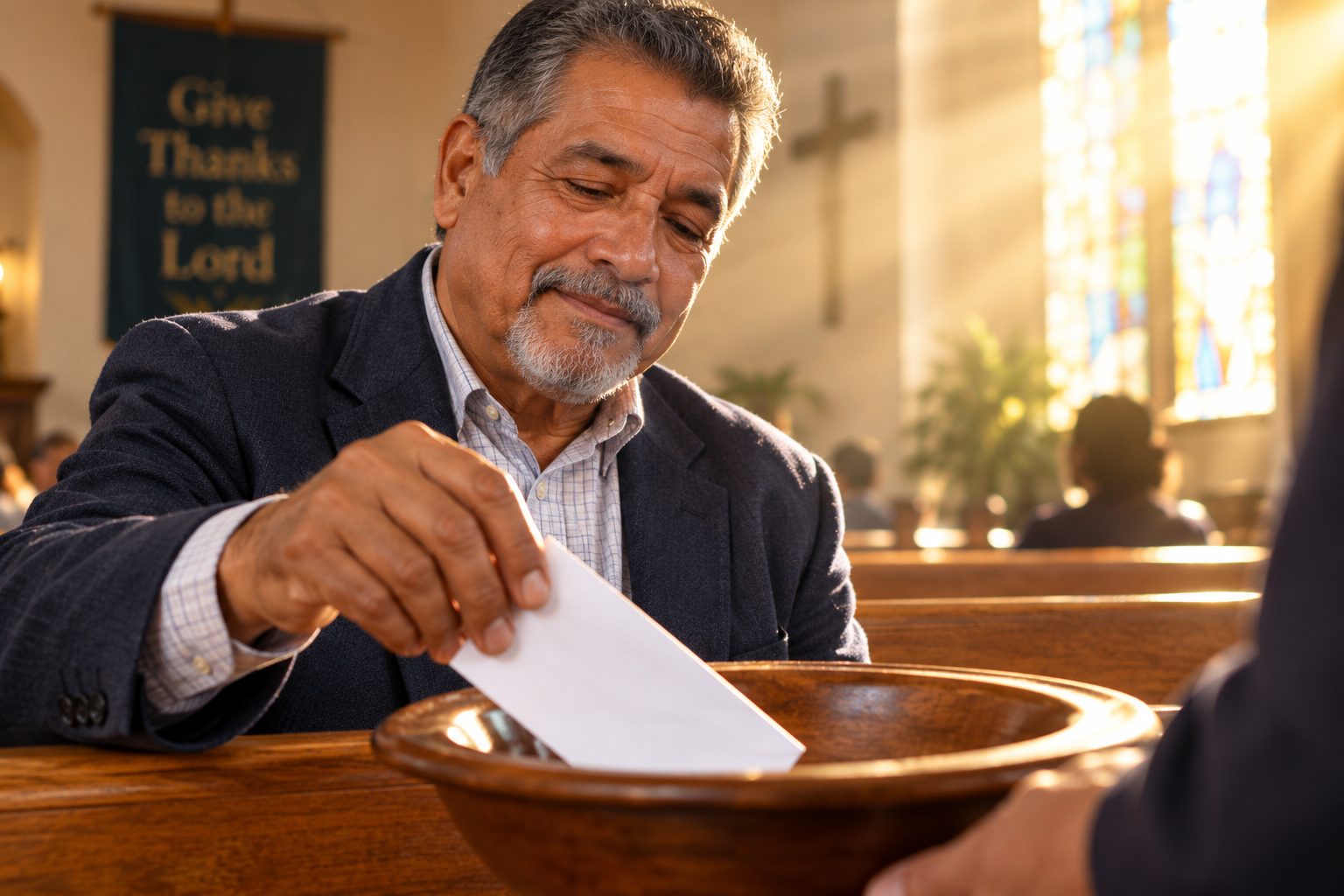 An older man placing his tithe in an offering plate with a peaceful expression