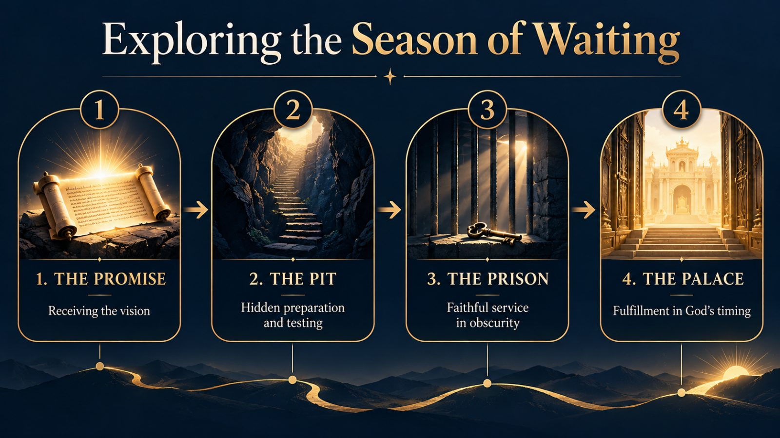 Infographic showing the four biblical stages of waiting on God. Filename: waiting-on-god-biblical-process-infographic.jpg