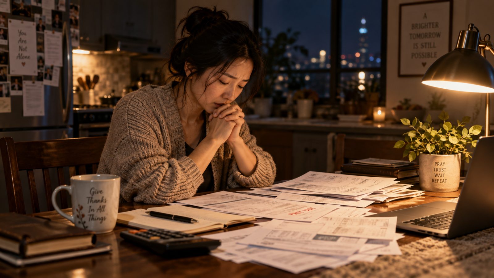 East Asian woman praying over documents at a table at night. Filename: waiting-on-god-financial-struggle.jpg